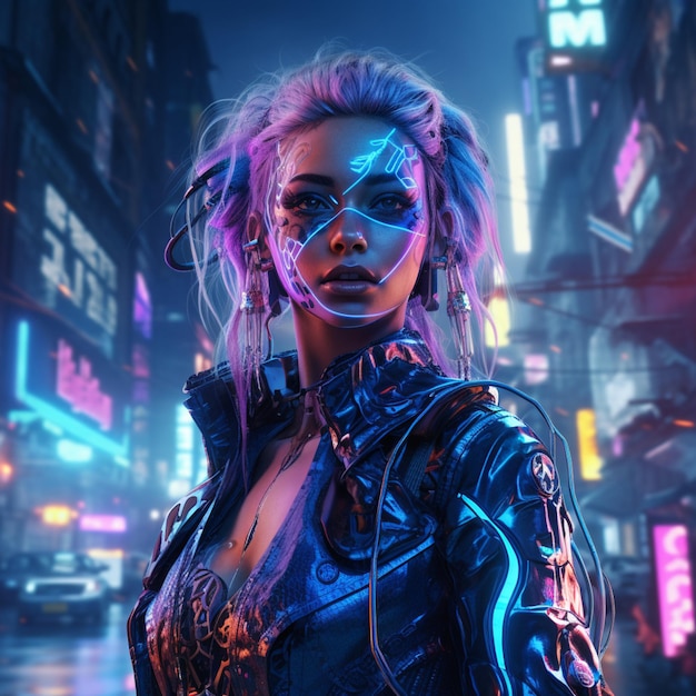 cyberpunk woman with a Halloween costume neon colors electric blue tones