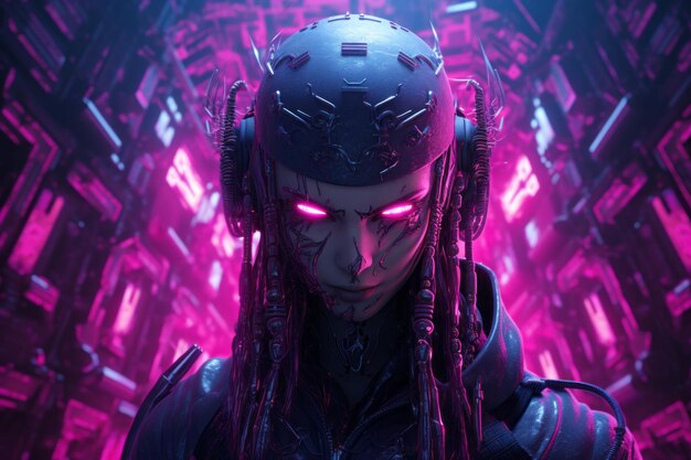 Cyberpunk woman with purple eyes and dreadlocks in a futuristic setting