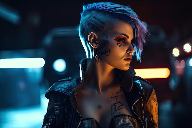 A cyberpunk woman with short hair and a black jacket