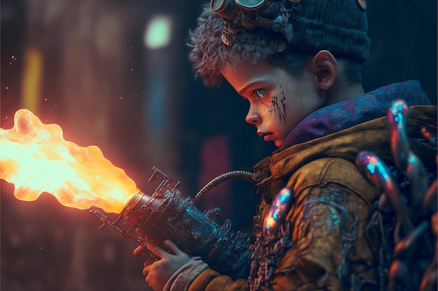 Photo cyberpunk young boy using a flamethrower