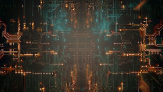 Cyberpunkachtergrond met computerchip, lijnen en raster