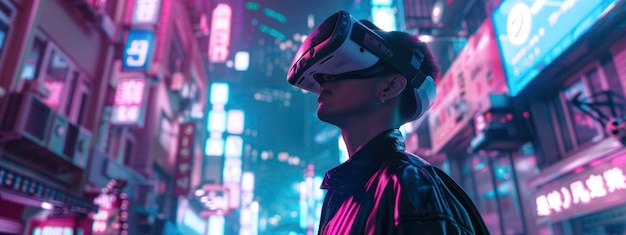 A cyberpunkstyle virtual reality environment with a man using a VR headset