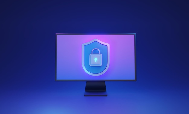 Cybersecurity 3D concept illustratie met schild en sleutelslot op een donkere achtergrond