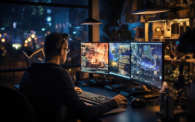 Cybersecurity achtergrond met een persoon die aan een computerscherm werkt