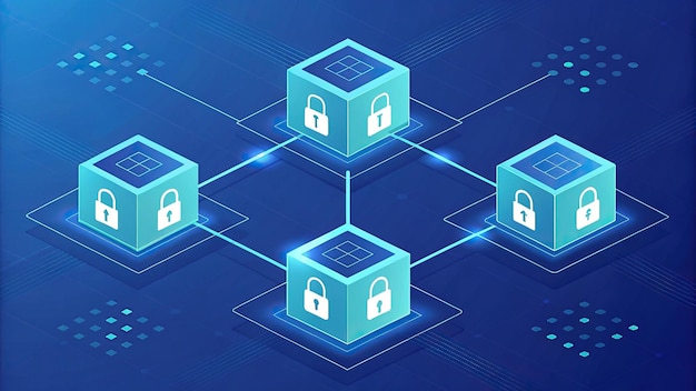 Cybersecurity and network security build digital resilience A digital illustration of interconnected secure blocks symbolizing blockchain technology and data security on a blue tech background