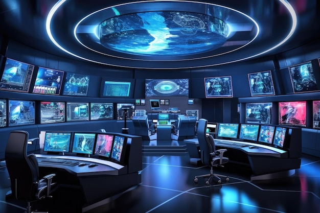 Cybersecurity command center with futuristic screens created with generative ai