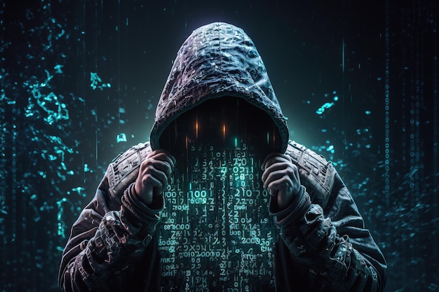 Cybersecurity computer hacker met hoodie kwetsbaarheid en hackercodingmalware concept op serverruimte achtergrond metaverse digitale wereldtechnologie breekt binaire gegevens