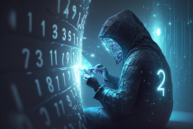 Foto cybersecurity computer hacker met hoodie kwetsbaarheid en hackercodingmalware concept op serverruimte achtergrond metaverse digitale wereldtechnologie breekt binaire gegevens