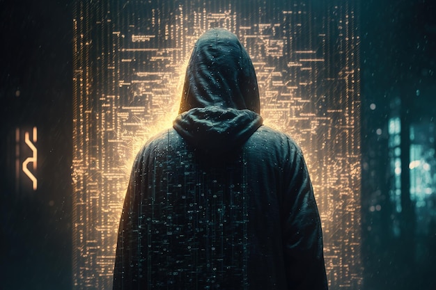 cybersecurity computer hacker with hoodie vulnerability and hackercodingmalware concept on server room background metaverse digital world technology breaks binary data