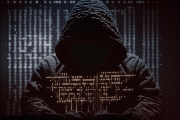 サーバールームの背景にパーカーの脆弱性とハッカーコーディングマルウェアの概念を持つサイバーセキュリティコンピューターハッカーは、バイナリデータを破壊します