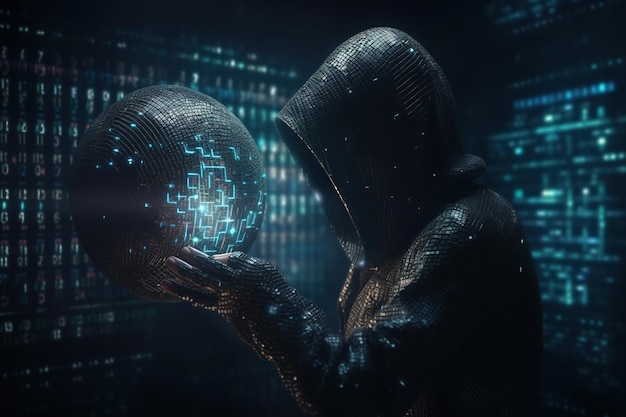 cybersecurity computer hacker with hoodie vulnerability and hackercodingmalware concept on server room background metaverse digital world technology breaks binary data