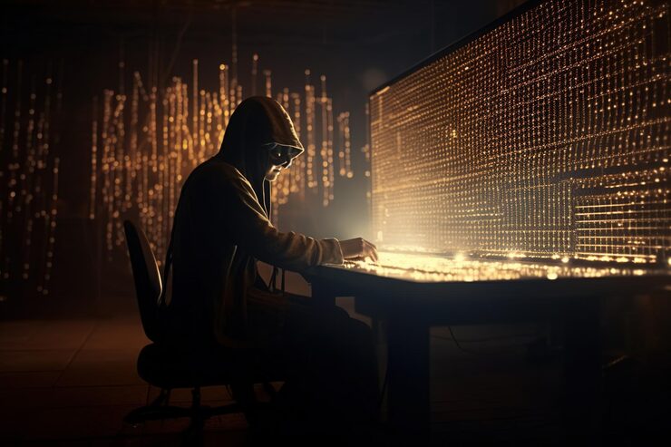 Photo 网络安全电脑黑客在服务器室背景上使用帽子漏洞和黑客编码恶意软件概念 数字世界技术破解二进制数据