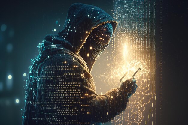 Cybersecurity computer hacker with hoodie vulnerability and hackercodingmalware concept on server room background metaverse digital world technology breaks binary data