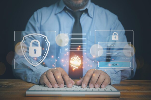 Cybersecurity concept Businessman uses a computer for login privacy security and protection against identity theft access Virtual screen with a padlock on a shield login user and password