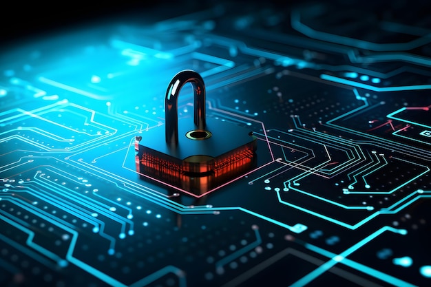 Cybersecurity concept depicting a padlock on top of a microchip board symbolizing protection safet