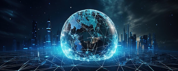 サイバーセキュリティのコンセプトはデジタル時代の安全で保護されたグローバルネットワークを表すデジタルネットワークラインに囲まれた中心にあるグローブを特徴としています