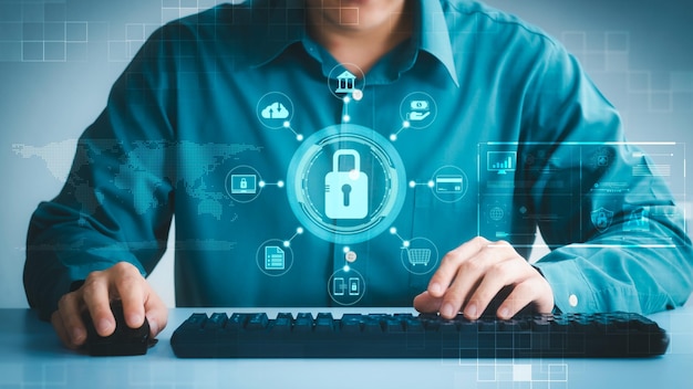 cybersecurity concept global network security technology business people protect personal information encryption with a key icon on the virtual interface