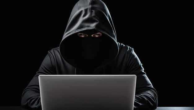 Фото Концепция кибербезопасности человек в капюшоне с ноутбуком в темноте