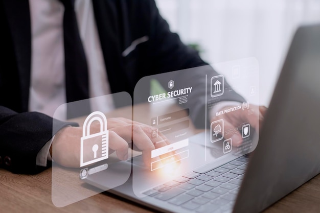 サイバー セキュリティの概念ユーザー プライバシー セキュリティと暗号化の安全なインターネット アクセス将来の技術とサイバネティックス画面南京錠
