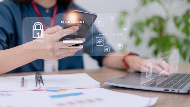 サイバー セキュリティの概念ユーザー プライバシー セキュリティと暗号化の安全なインターネット アクセス将来の技術とサイバネティックス画面南京錠