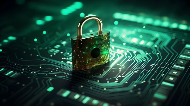 A cybersecurity concept with a padlock and digital elements