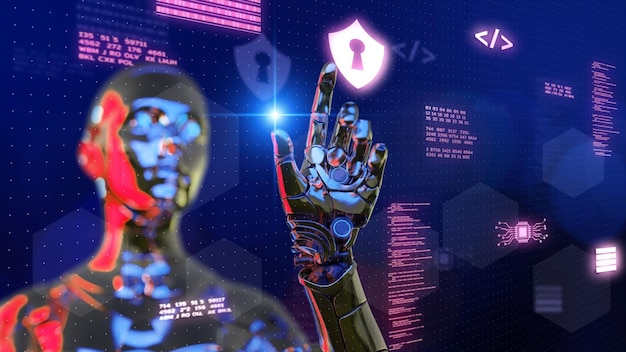 Кибербезопасность киберпреступность интернет-безопасность VPN защита конфиденциальности компьютера платформа кибербезопасности 3D AI робот взлом вредоносное ПО защита от вирусных атак онлайн сеть IoT цифровые технологии
