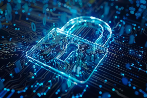 Cybersecurity Digitale gegevensbeveiliging hangslot op abstract circuit board netwerk en gegevensbescherming