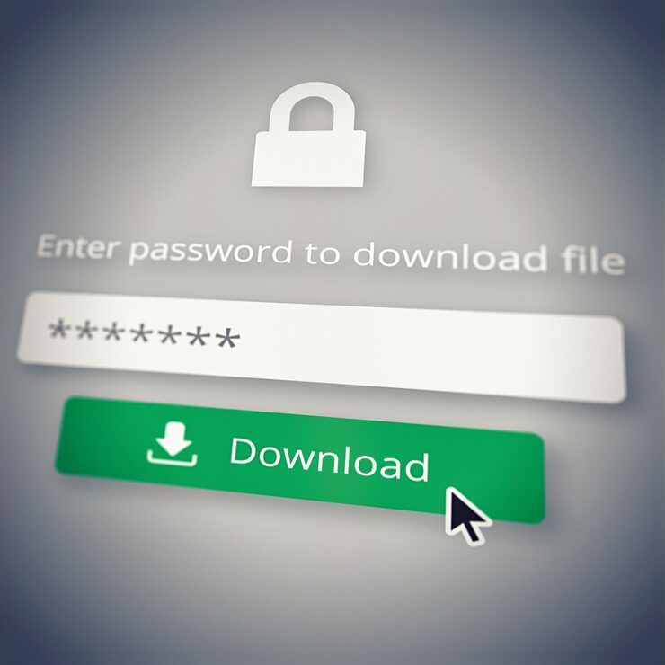 Photo cybersecurity download and password with icon on screen to select or click button symbol for access computer code or data protection with cursor on display for file or information sharing online