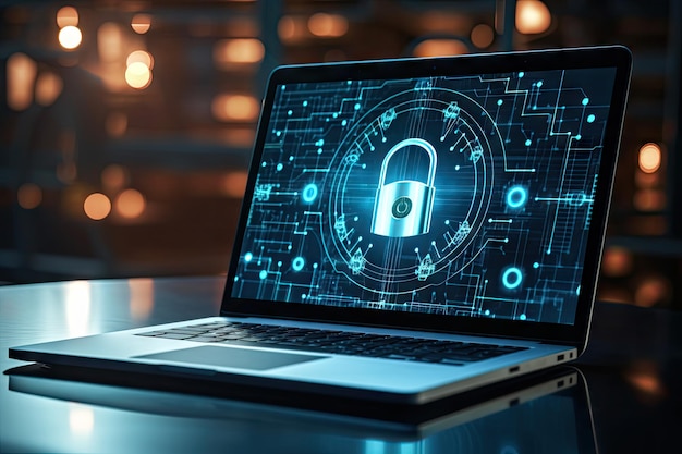 Cybersecurity en gegevensbescherming laptop internetnetwerk bescherming van zakelijke gegevens en financiële