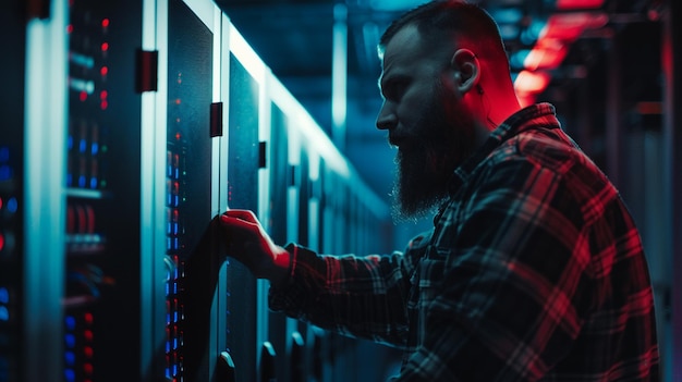 Photo cybersecurity expert conducting penetration testing in server room