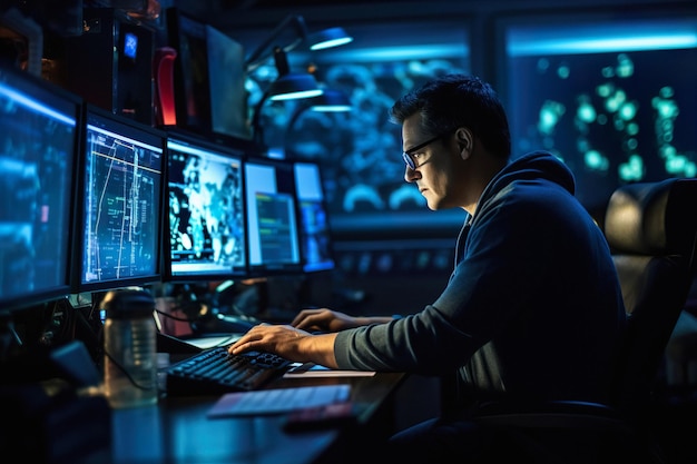 A cybersecurity expert monitoring the displays sitting in office