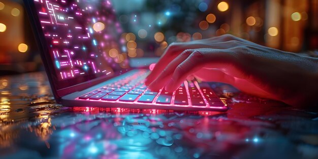 cybersecurity expert working on backlit keyboard in dark room with monitor showing complex programming code concept cybersecurity backlit keyboard dark room programming code monitor