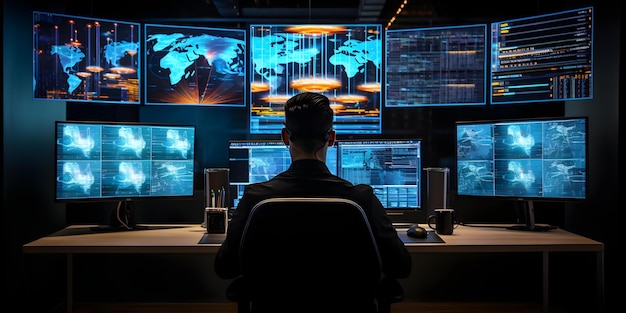 a cybersecurity expert working on multiple screens with programming data displayed concept cybersecurity tech expert multiple screens programming data security analysis