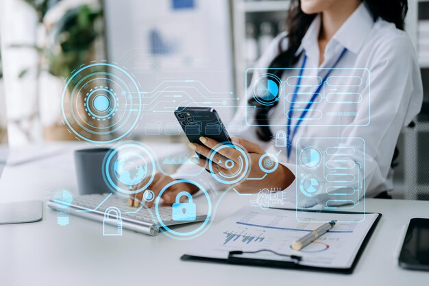 Cybersecurity gegevensbescherming Bedrijf dat werkt aan computing Intelligenc digitale tablet wereldwijde netwerkverbinding data science digitale marketing Investeringen wereldwijd in officexA