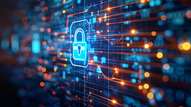 Cybersecurity gegevensbescherming en slot icoon voor elektronische server met bedrijfsinformatie
