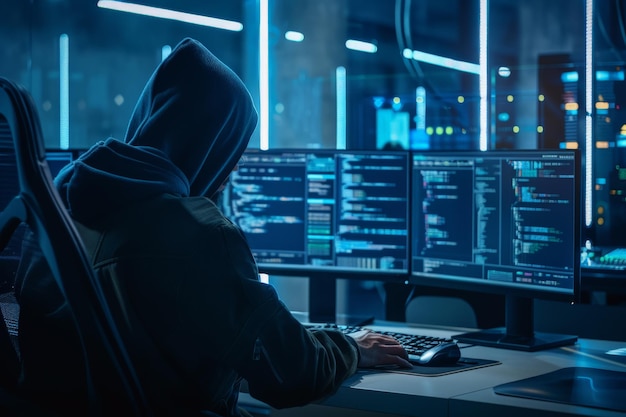 cybersecurity and hacker Computer hacker in mask and hoodie over abstract binary background