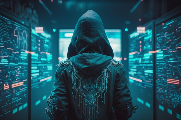 Cybersecurity kwetsbaarheid hacker codingmalware conceptHooded computer hacker digitale wereldtechnologie Digitale misdaad door een anonieme hacker