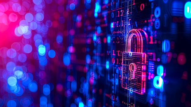 Cybersecurity lock icon on neon circuit board data encryption and protection concept