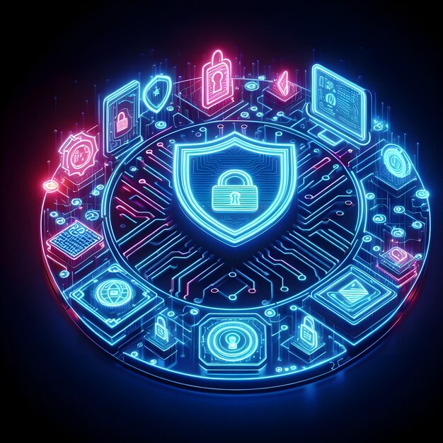 Photo cybersecurity neon glowing design cybersecurity concept abstract 3d render