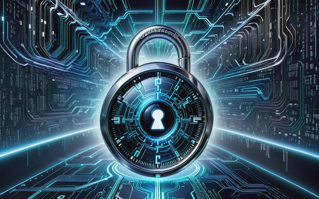 A cybersecurity padlock symbol takes center stage against a backdrop of interconnected data lines