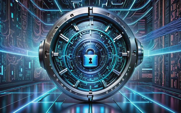 Photo a cybersecurity padlock symbol takes center stage against a backdrop of interconnected data lines