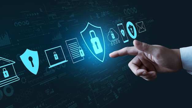cybersecurity privacy data protection concept businessman touching padlock protect business and financial data with virtual network security connection secure internet access security encryption