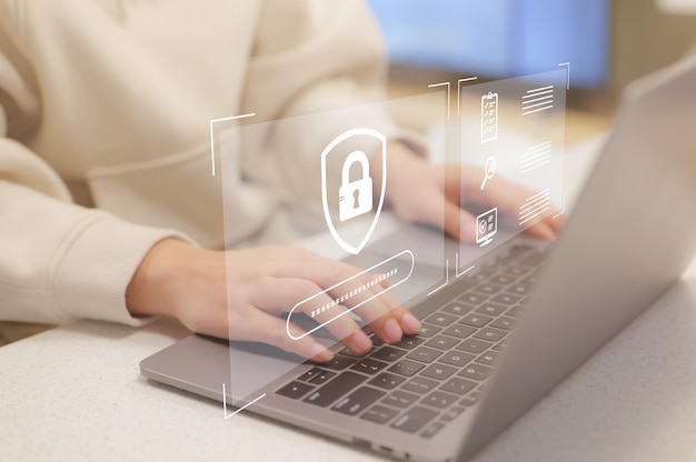 Cybersecurity privacy and data protection concept Woman using computer secure encryption technology security of Internet access security encryption of user private data business confidentiality