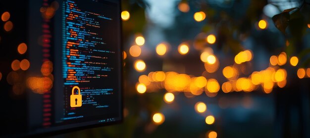 cybersecurity and source code programming data on screen with encryption icon bokeh background