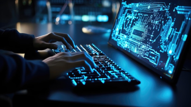 サイバーセキュリティの専門家がキーボードを操作するハイテクなミニマリスト設定