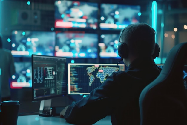 Cybersecurity team monitoring network in hightech security operations center