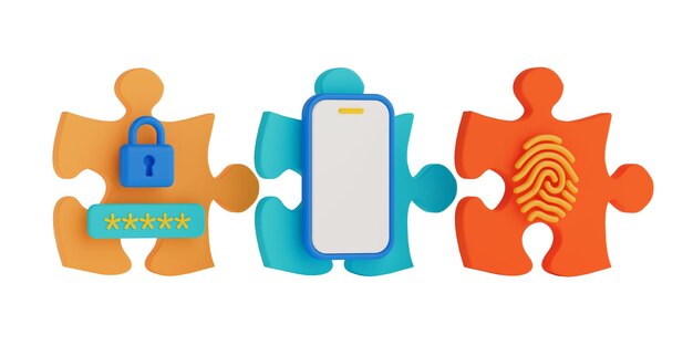 Cybersecurity Toegangsmethoden Concept Puzzelstukken met wachtwoord Smartphone en vingerafdruk 3D-rendering