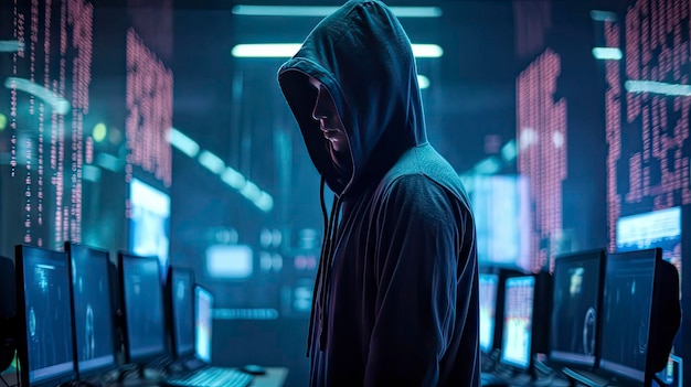 cybersecurity vulnerability and hackercodingmalware concept hooded computer hacker in cybersecurity vulnerability on server room background metaverse digital world technology ai generative