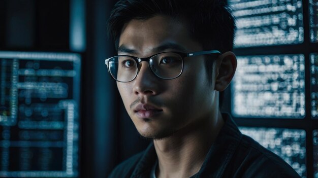 Киберпространственный хакер программист безопасности компьютерный хакер азиатский сетевой код цифровой кибер