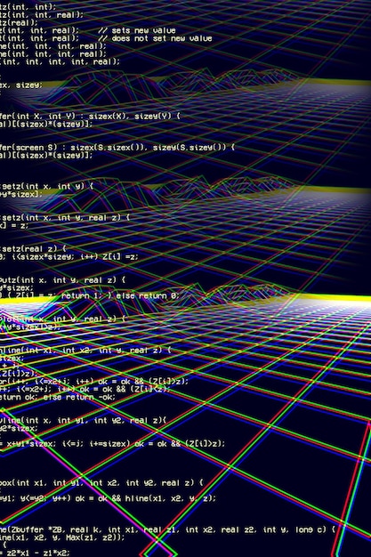 Cyberspace landscape grid. Old TV screen error.  Photo glitch. The TV signal is not working.